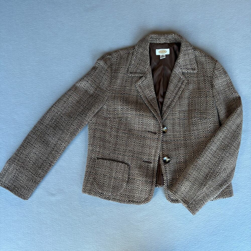 Vintage Talbots Tweed Blazer Jacket Brown Basketweave Wool Blend Academic 14